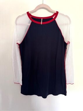 Pete. Mesh-Sleeve Navy Top with Red Trim - Women's Long Sleeve
